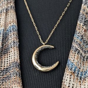 Crescent Moon Necklace, Gold Tone and Crystals